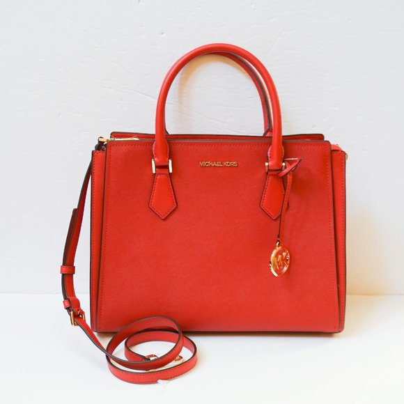 Michael Kors Hope Large Satchel Shoulder Crossbody Bag Red Flame - Picture 5 of 13